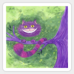 Smiling Cheshire Cat on a Tree Branch Digital Illustration Sticker